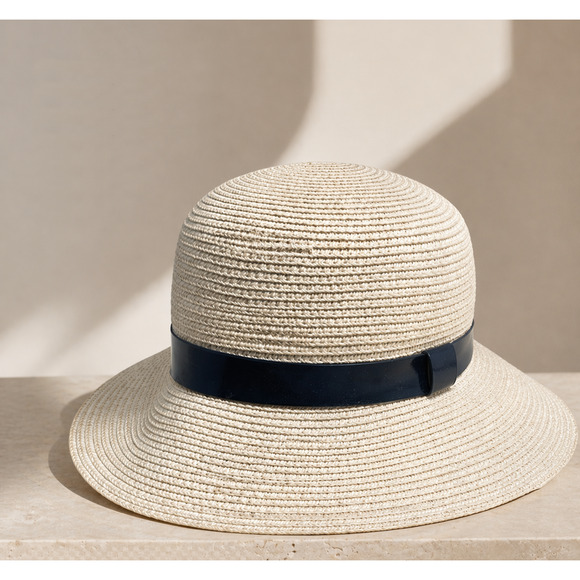 Global Glamour Accessories - Global Glamour Raffia Hat White Tall Crown 3.5" Brim Navy Band O/S Adjustable